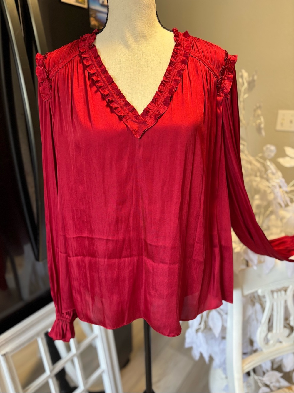 The Kooples Red V-Neck Ruffle Long-Sleeve Women's Top. Size L. NWT